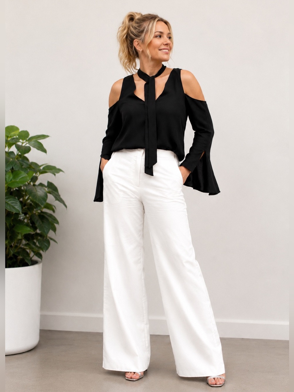 NWT Line & Dot Cold Shoulder Blouse with Tie Front Black Size Small